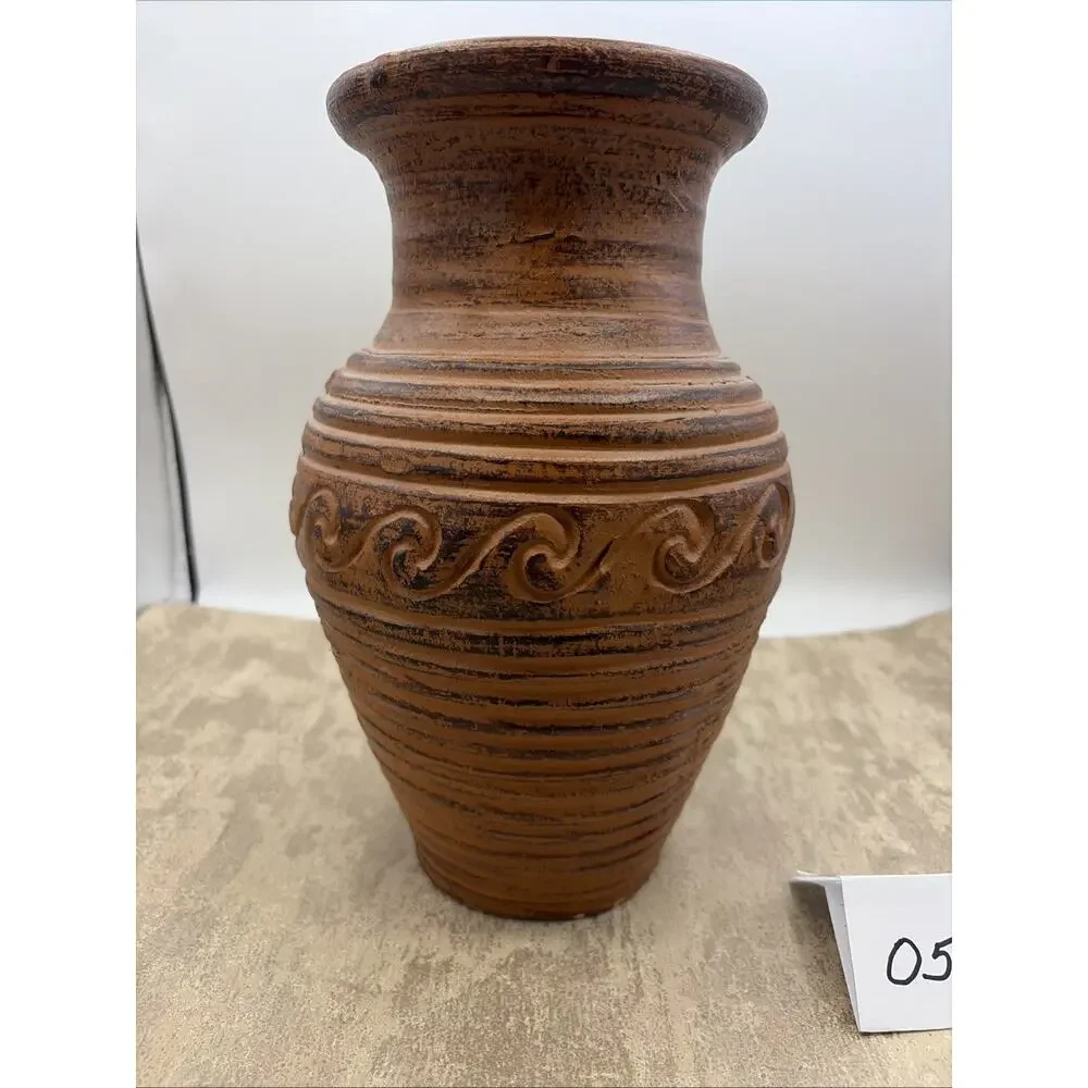 Vintage Hand Thrown Clay Vase With Wave Patterns And Rustic Brown Finish
